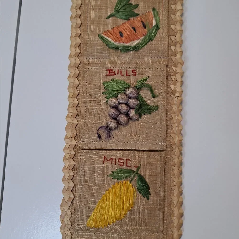 Vintage Woven Straw Rattan Mail Sorter Fruit Panama 3 Slots Wall Hanging